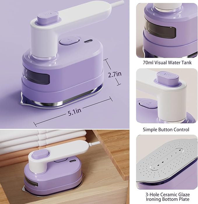 Travel Steam Iron, 180 °Rotating Handle Foldable Hanging Ironing Machine, Portable Mini Dual-Purpose Steam Iron for Both Dry and Wet Use, Essential for School Dormitories & Business Trips (Purple)
