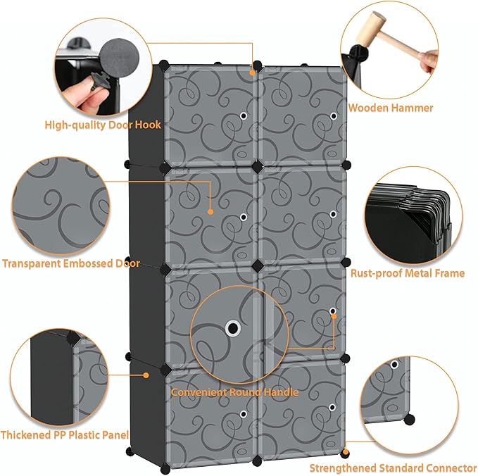 C&AHOME Cube Storage Organizer with Doors, 8-Cube Shelves, Closet Cabinet, DIY Plastic Modular Bookshelf, Storage Shelving Ideal for Bedroom, Living Room, 24.8" L × 12.4" W × 48.4" H Black UGSHS3008A