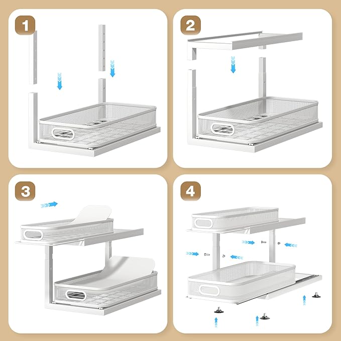 2-Pack 18.5 IN Depth Under Sink Organizer With Next-Gen Ball-Bearing Slides,Sophisticated Mesh 2-Tier Pull Out Shelf for Kitchen & Bathroom,Fits Small Items-White(Patented)