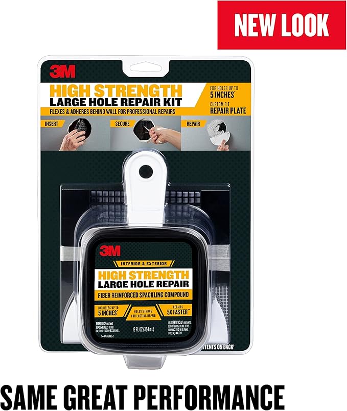 3M High Strength Large Hole Repair Kit, Includes Fiber Reinforced Spackling Compound (12 oz.), Repair Plate, Putty Knife and Sanding Sponge, For Easy Wall Repair, No Shrinking or Cracking (LHR-KIT)