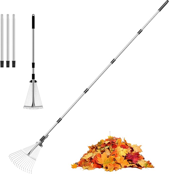 Garden Rake for Leaves, Heavy Duty Metal Adjustable Leaf Rake for Lawns, Length 37"-81", Adjustable Expandable Head 8"-15", Garden Tools for Lawn Garden Yard Flowers Beds Bush