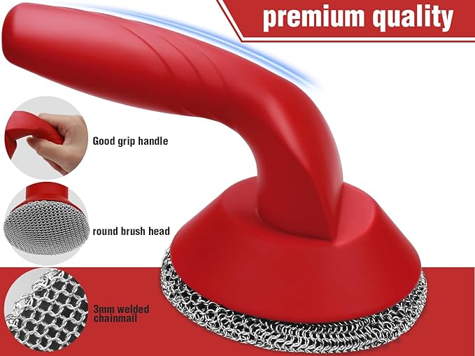 Cast Iron Cleaner Scrubber with Handle -3mm Welded Chain Mail Cast Iron Scrubber Brush-Chainmail Sponge Scrub Cleaning Tool to Clean Skillets, Pan,Griddle, Wok, Dutch Oven