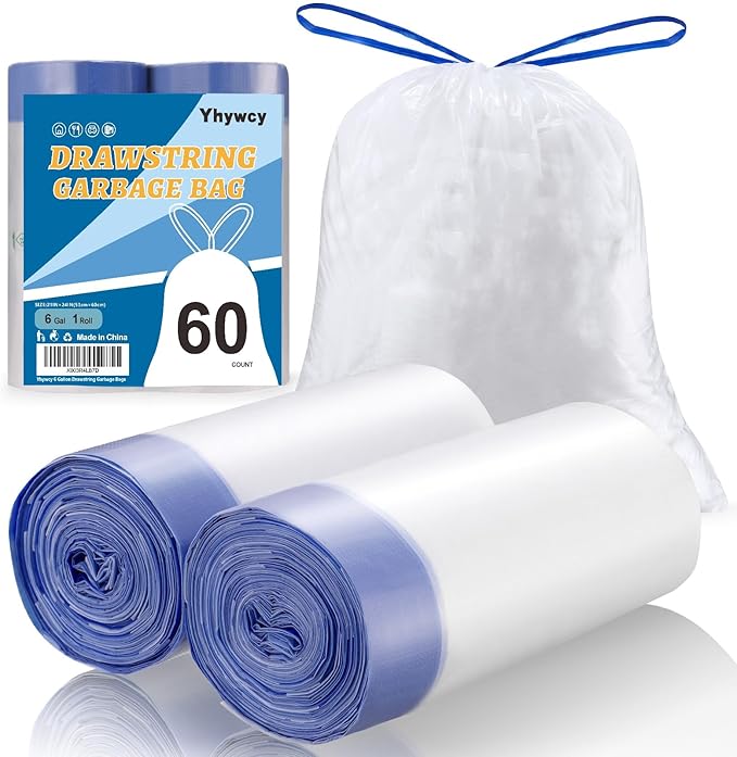 Trash Bags 6 Gallons Drawstring Garbage Bags 60 Count for Office, Living Room, Kitchen and Bathroom Trash Cans- Thickened, Stretchy, Unscented