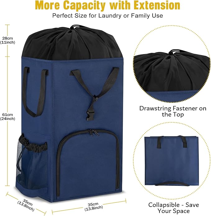 110L Backpack Laundry Bag, Laundry Backpack Heavy Duty with Shoulder Straps, Collapsible and Mesh Pocket Back to School Supplies Hamper Bag for College, Travel, Laundromat, Apartment Blue