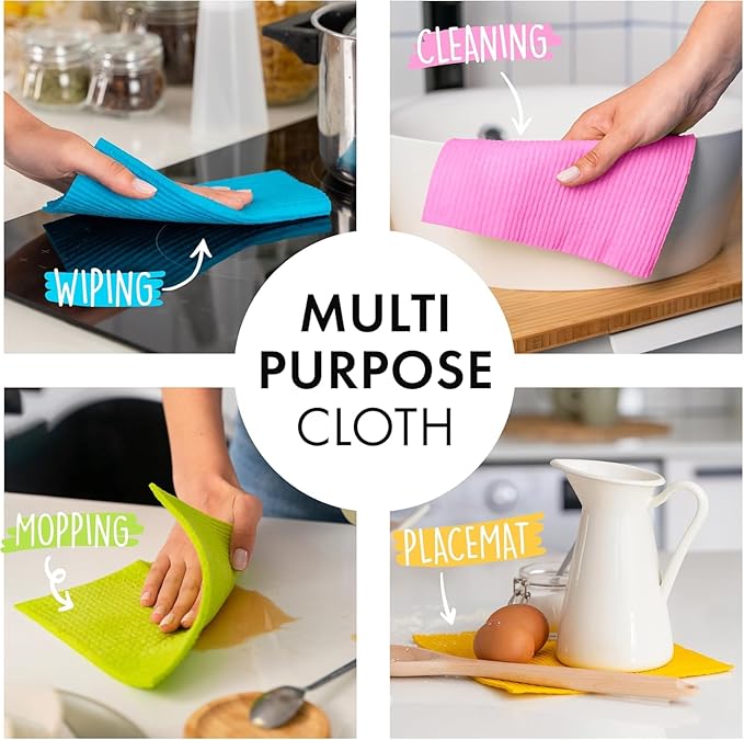 SUPERSCANDI 10 Pack Swedish Dishcloths for Kitchen - 100% Biodegradable & Compostable | Reusable Paper Towels Washable, Food-Safe & Without Plastic - Dish Rags Suitable for Any Surface | Multicolor