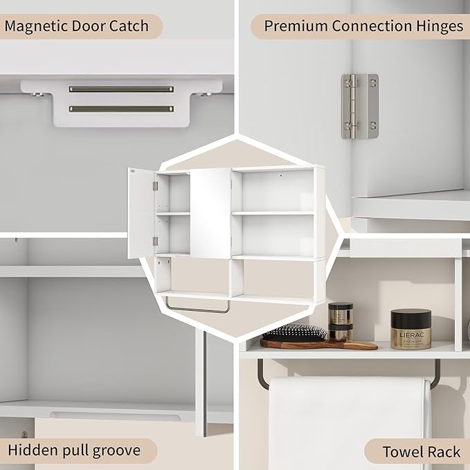 Wooden Bathroom Organizers, Over The Toilet Storage Cabinet with 2 Doors, Adjustable Shelves & Towel Bar, Wall Mounted Medicine Cabinet for Laundry with Mirror, White