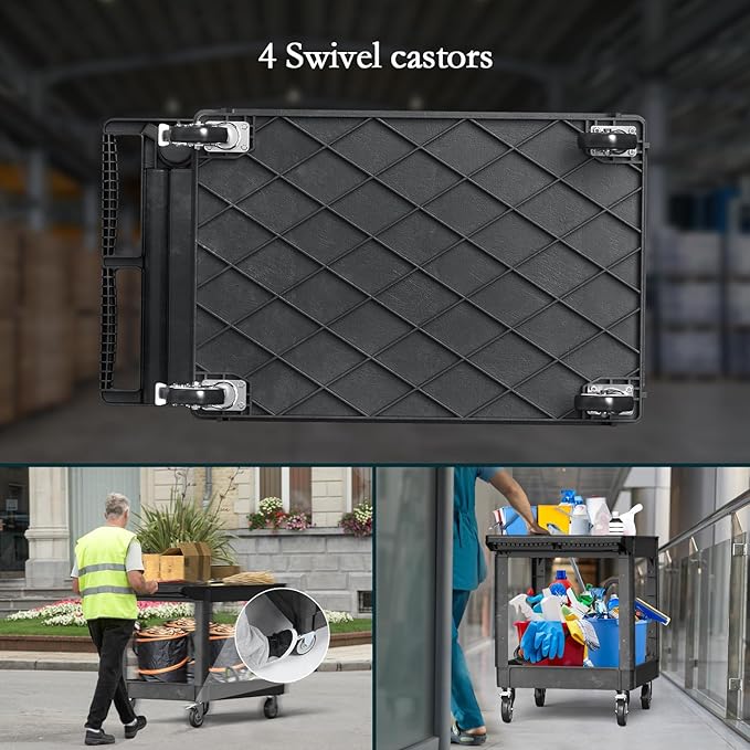 Heavy Duty Cart Utility Cart, Heavy Duty Rolling Service with Wheels, 500lbs Load Capacity, Durable Plastic & Deep Shelves for Warehouse, Garage, Cleaning - Swivel Wheels Easy Maneuverability