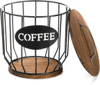yarlung Coffee Pod Holder with Lid, Large Capacity K Cup Holder with Rustic Wooden Base, Black Wire Coffee Storage Basket for Kitchen Countertop, Cafe Bar Organizer