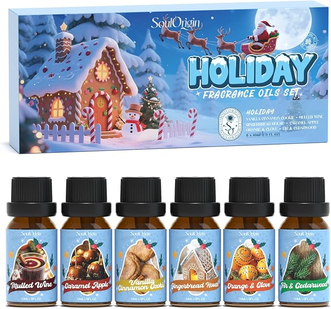 Holiday Essential Oils Set, Fragrance Oil Set for Diffuser, Scent Diffuser Oil for Candle Making-Vanilla Cinnamon Cookies, Caramel Apples, Gingerbread, Fir Cedar, Orange Cloves, Mulled Wine