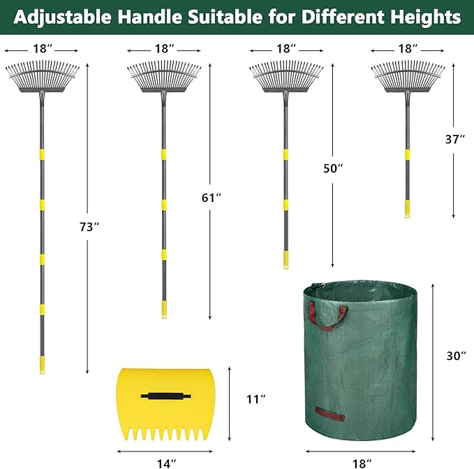 Garden Rake for Leaves, 37"-73" Adjustable Handle Rake Set with Leaf Grabbers, Work Gloves and 2 Leaf Bags, 18" Wide Head with 25 Metal Tines for Yard Picking Leaves, Shrub Grass Bush Lawn Cleanup