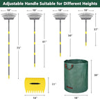Garden Rake for Leaves, 37"-73" Adjustable Handle Rake Set with Leaf Grabbers, Work Gloves and 2 Leaf Bags, 18" Wide Head with 25 Metal Tines for Yard Picking Leaves, Shrub Grass Bush Lawn Cleanup