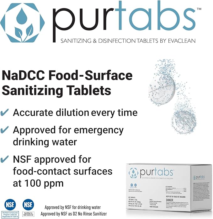334mg Sanitizer Tablets, NSF D2 Certified, Food Safe, 99.9% Virus & Bacteria Kill, Hypochlorous Acid (HOCl), Cleans, Deodorizes & Disinfects