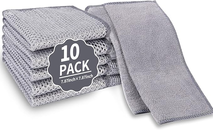 2 in 1 Stainless Steel Scrubber & Microfiber Cleaning Cloth, 10 Pack Towel & Steel Scrub Cloth for Pans, Dishes, Countertops, Reusable Non-Scratch Cleaning Pad for Kitchen Sink