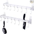 Dseap Pot Rack - Pots and Pans Hanging Rack Rail with 8 Hooks, Double Bars, Pot Hangers for Kitchen, Wall Mounted, White, 2 Packs