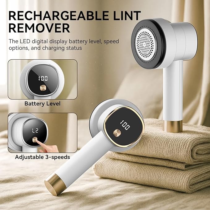 Fabric Shaver Lint Remover: Rechargeable Lint Shavers for Clothes with LED Display 3 Speeds and 6-Leaf Blades, Portable Electric Lint Shaver to Remove Fuzz Ball Pilling from Sweater Furniture