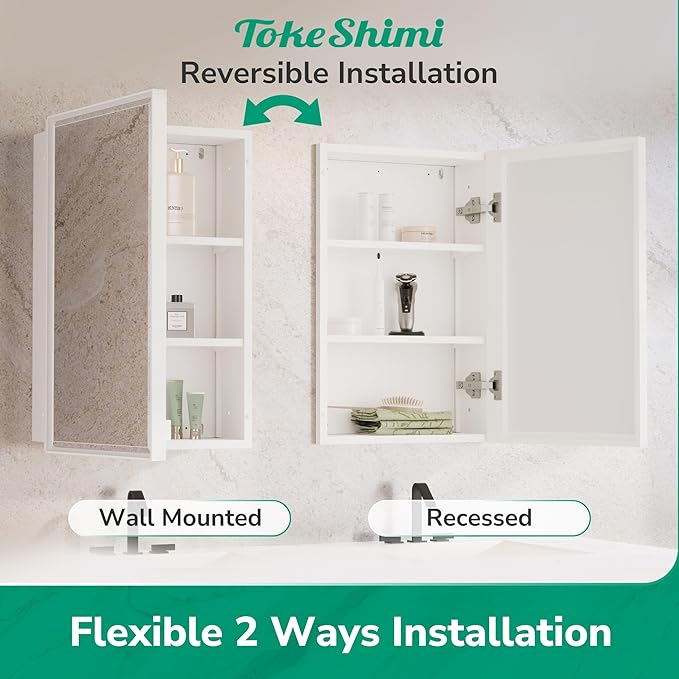 TokeShimi 16 x 24 Recessed Medicine Cabinet with Mirror Surface Mounted, Aluminum White Medicine Cabinet with Mirror, Metal Beveled Bathroom Mirror with Storage