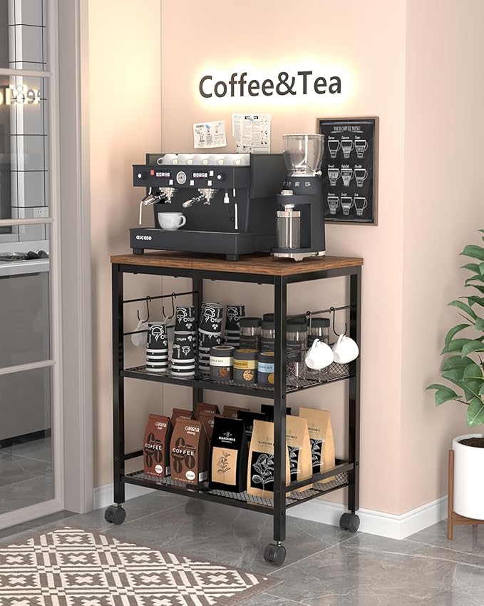 Kitchen Rolling Cart with Storage, 3 Tier Microwave Stand on Lockable Wheels, Small Utility Cart, Coffee bar&Tea Table, Organizer Shelves for Kitchen, Office, Living Room