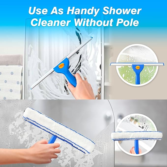 Squeegee for Window Cleaning, 14" Extra-Large Squeegee & Microfiber Scrubber Combi with 60" Stainless Steel Pole, Window Cleaning Kit for Shower Glass Mirror Door Car-2 Pads