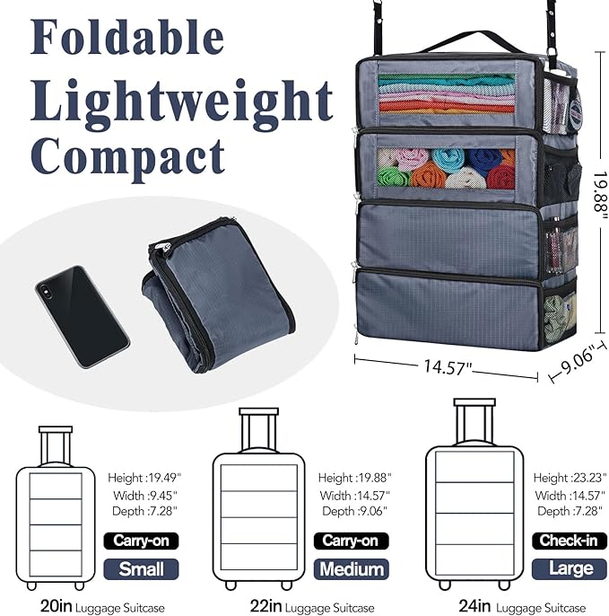 Suitcase Organizer, Carry-On Closet Luggage Organizer Accessories - Foldable, Hangable Portable Hanging Travel Shelves with Shoulder Strap - Medium, Gray