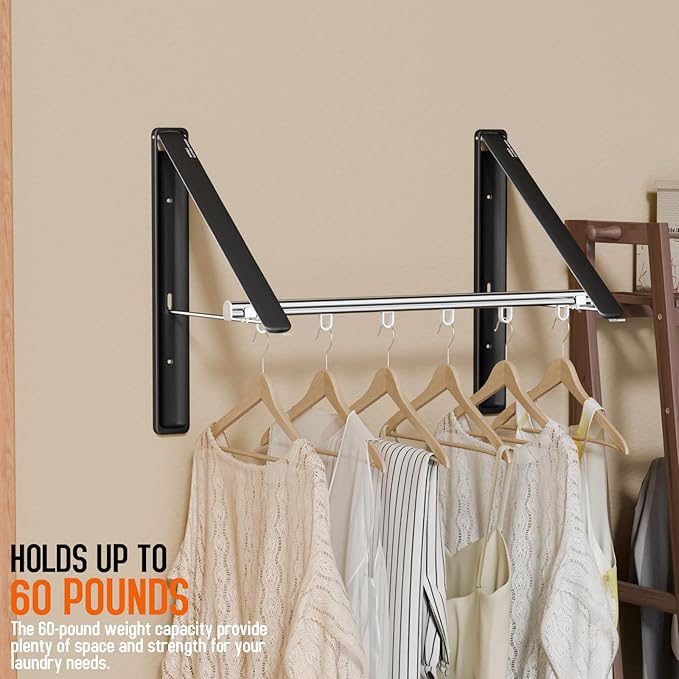 Clothes Drying Rack Retractable, Wall Mounted Clothes Hanger Rack for Laundry Room, Laundry Drying Rack with Clothes Rod Space Saving Closet Organizer Aluminium (Black, 2P)