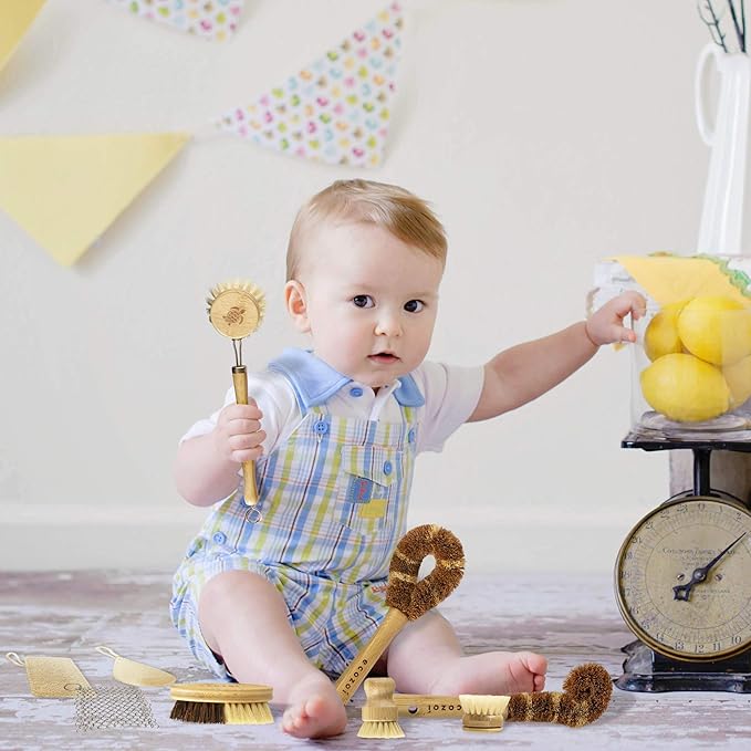 Bamboo Dish Brush Set, 9 Piece for Vegetable, and Kitchen Dish Cleaning, Sisal & Coconut Fibers with Bamboo Handles, Kitchen Brushes for Dishes, Pots, Pans