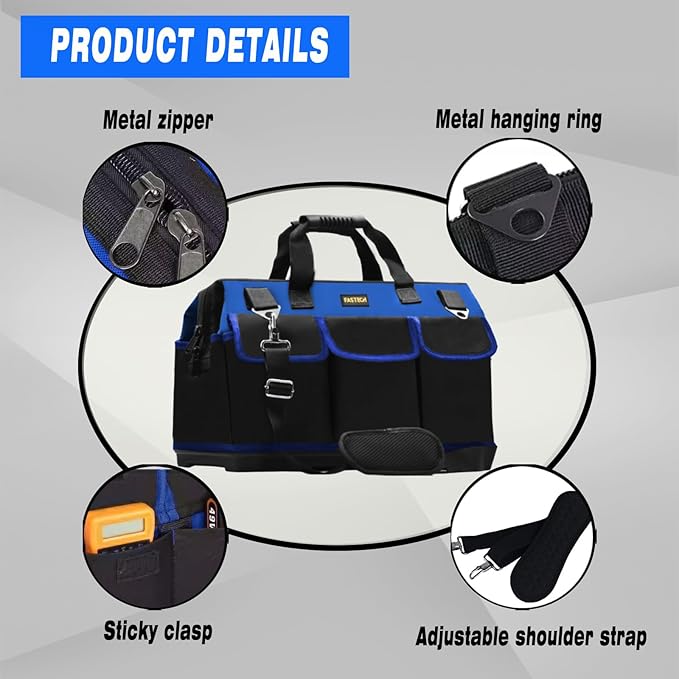 FASTECH 20 Inch Bottom Tools Bag With Wide Mouth For Tool Storage, Carrier and Organizer, Heavy Duty Tool Tote Bag for Men/Women, Wide Mouth Tool Bag With Inside Pockets (20 Inch)