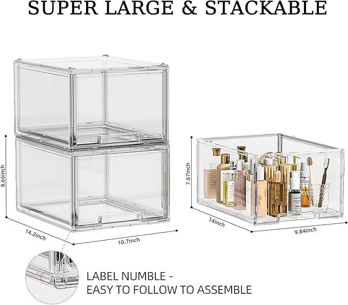 3 Pack Large Stackable Storage Drawers, Clear Plastic Drawer Organizer, Under Sink Cabinet Drawers, Pantry Organizers and Storage Drawer for Makeup, Bathroom, Kitchen, Office