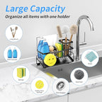 Sponge Holder for Kitchen Sink 304 Stainless Steel Self-Draining Sink Caddy with Smiley Face Sponge and Brush Holder Towel Bar and Divider Kitchen Gadgets Organizer for Countertop, Black