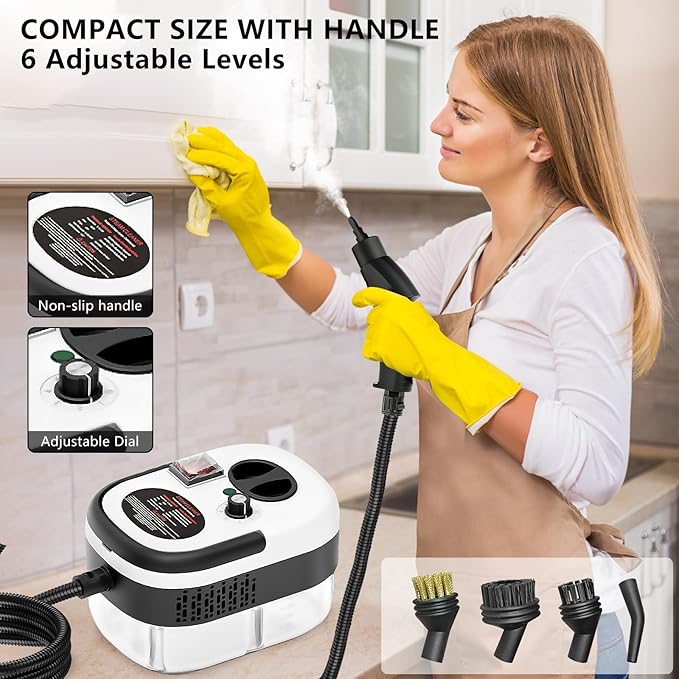 Handheld Steam Cleaner, Steamer for Cleaning, 2500W Pressurized Steam Cleaner with 1.2L Water Tank and 6 Attachments, Portable Steamer Cleaner for Home Car Kitchen Bathroom Furniture Tile Grout, White