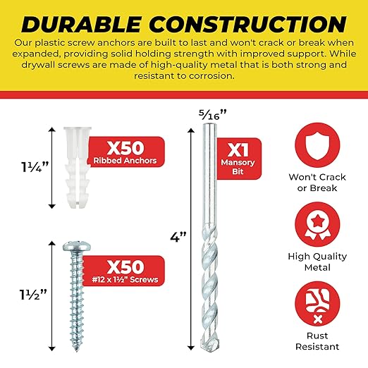 Qualihome Ribbed Plastic Drywall Anchor Kit - Wall Anchors and Screws for Drywall Includes Anchors, & Screws, 1 Masonry Drill Bit - Mounting Tolls for Decor, Furniture, Shelving (14-16 x 1-1/4")