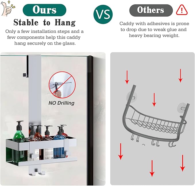 Over The Door Shower Caddy, 304 Stainless Steel Hanging Shower Caddy Rustproof Shower Shelves,No Drilling Hanging Shower Organizer for Bathroom Glass Door Up to 1.5cm,Basket: 23×10×10cm,Silver