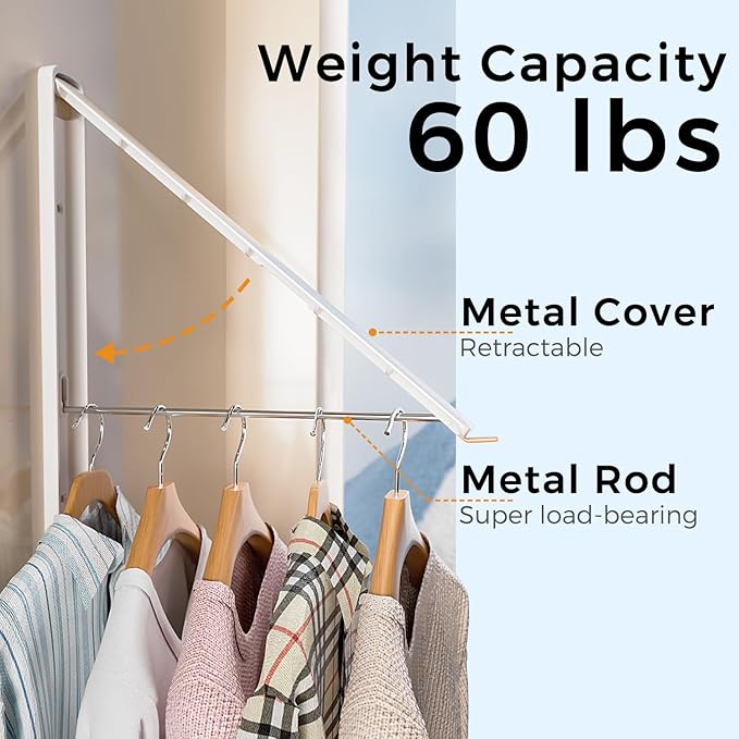 Wall-Mounted Retractable Clothes Drying Rack | White Extending Laundry Hanging Rack | Hidden and Space-Saving | Wall Mount Dryer Hanger Rack for Laundry Room, Closet (2-Pack, White)