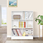 YAHARBO White 7 Cube Bookshelf,3 Tier Modern Horizontal Bookcase,Wooden Low Book Shelf Display Storage Cabinet with Base,Floor Standing Short Bookshelves Open Organizer for Bedroom,Living Room,Office