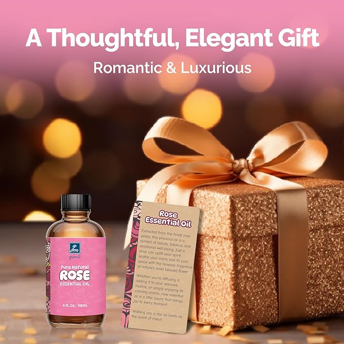 Rose Essential Oil 4 Oz, 100% Pure Natural Rose Oil for Diffuser, Skin, Hair, Body, Face Care, Perfume DIY