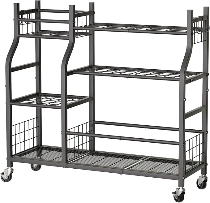Garden Tool Organizer with Wheels for Garage and Shed, Spacious Tool Storage, Multi-Tier Design with Side Hooks for Rakes, Shovels, Brooms, and Yard Tools Rolling Cart