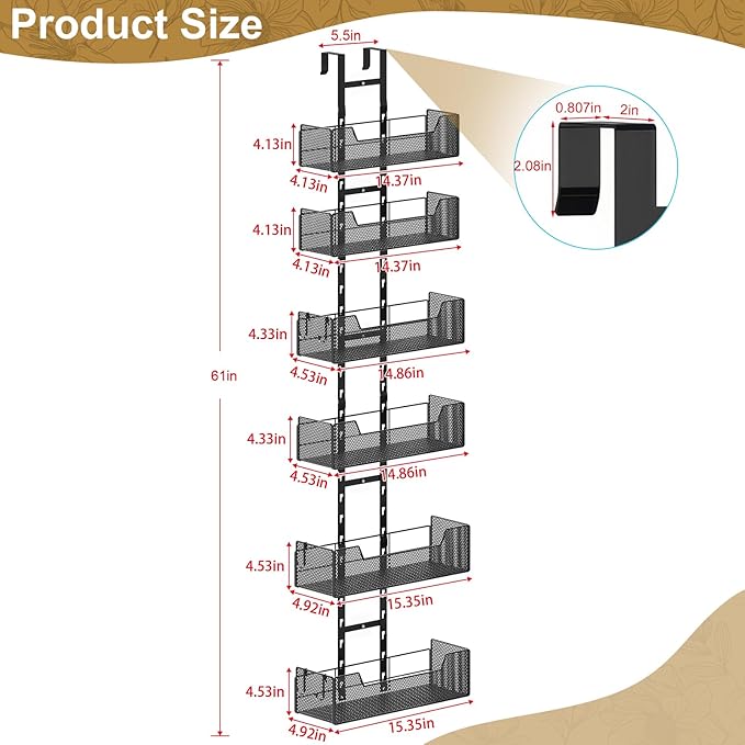 Over The Door Organizer, Metal Hanging Door Organizer with 6 Adjustable Baskets and 5 Hooks, Behind The Door Storage for Closet Cabinet Kitchen Bathroom Bedroom Pantry Organizer, Black