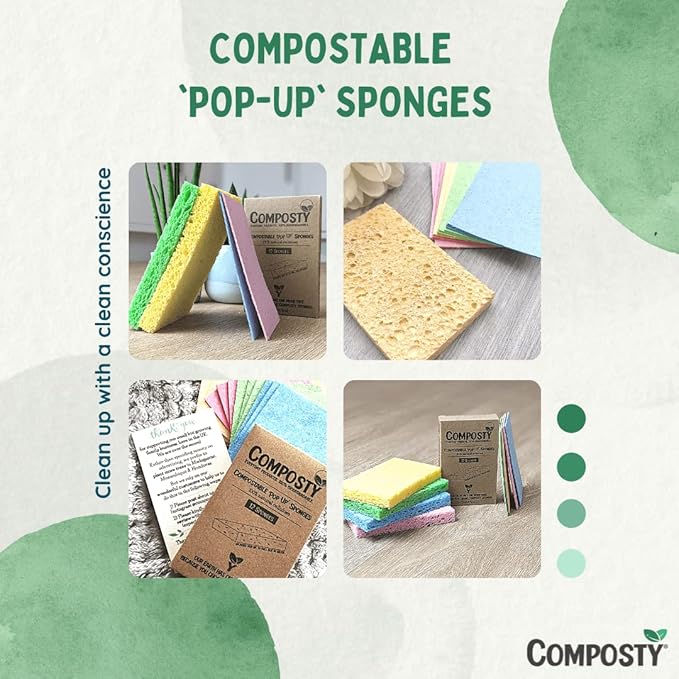 Pop-Up Compostable Sponges 12-Pack – Eco-Friendly Biodegradable Cellulose Kitchen Sponges (Plastic-Free, Non-Scratch, Compressed & Expanding) for Dishes, Kitchen & Bathroom by Award Winning Composty