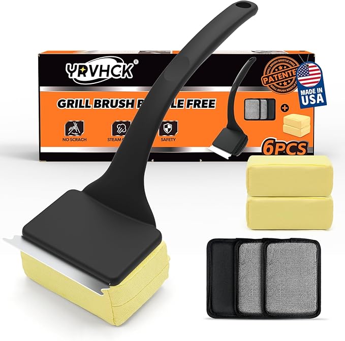 Grill Brush Bristle Free, Grill Brush with 5 Replacement Heads, Grill Cleaner Brush for Outdoor Grill, Cast Iron, Stainless Steel Grates, Grill Scraper Outdoor BBQ Grill, Dad Father Gift, Black