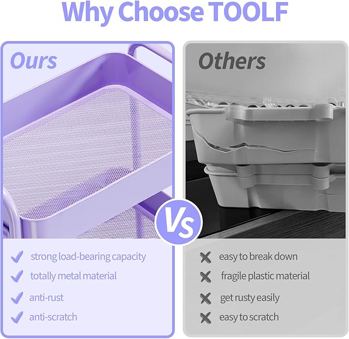 TOOLF 3-Tier Metal Rolling Cart with Wheels, Storage Utility Organizer Cart for Kitchen, Bathroom, Office, Baby Essentials & Makeup - Lockable Casters, Easy Assembly, Large Capacity, Purple