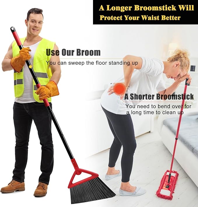 Heavy Duty Angle Broom, 3 Pack Longer Commercial Brooms, Swipe Brooms for Sweeping Indoor Outdoor, Perfect Red Broom of Kitchen, Garage, House, Restaurant