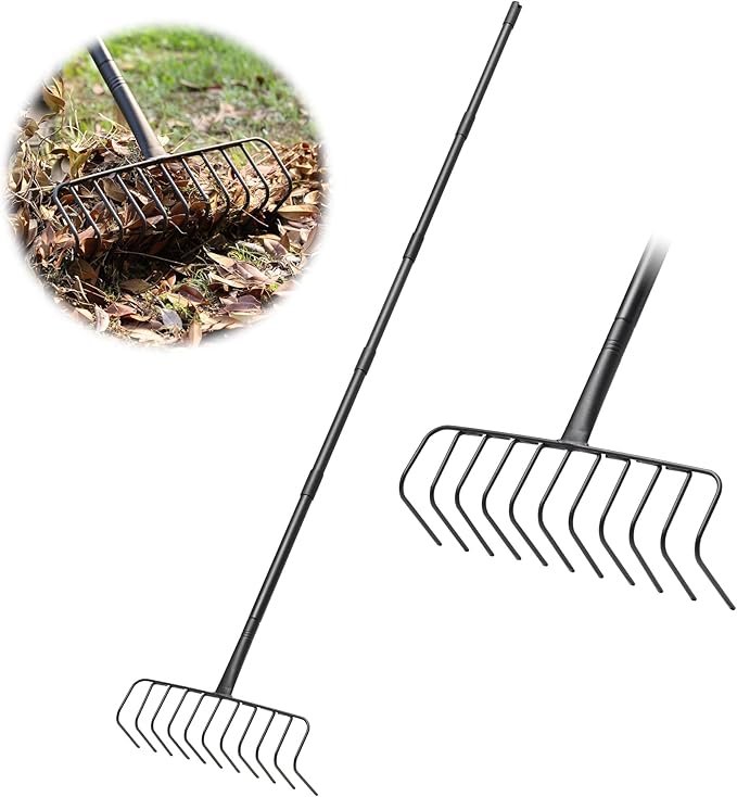 Garden Thatch Rake, 82" Heavy Duty Lawn Leveling Rake with 11 Stainless Steel Tines, Adjustable Long Handle Garden Tool for Loosening Soil, Cleaning The Leaves, Removing Thatch, Laying Sod
