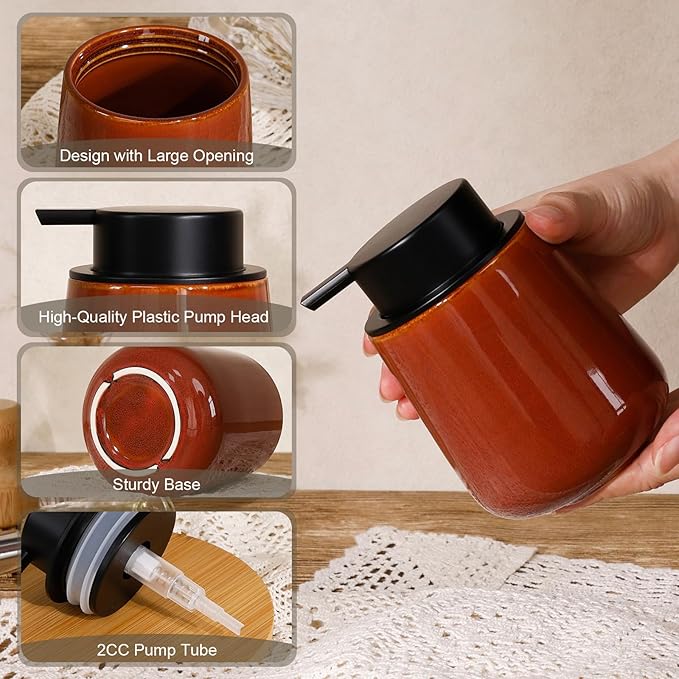 INGOFIN Ceramic Lotion Dispenser - 12 oz Refillable Hand Soap Dispenser Bathroom, Modern Liquid Soap Dispenser with Pump, Dish Dispenser for Kitchen,Kiln-Glazed Red