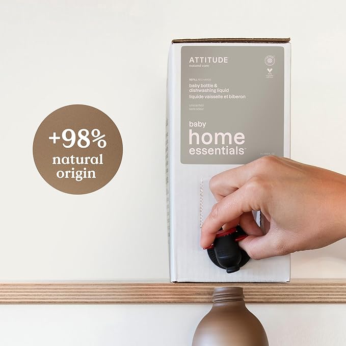 ATTITUDE Baby Dish Soap and Bottle Cleaner, EWG Verified Dishwashing Liquid, No Added Dyes or Fragrances, Tough on Milk Residue and Grease, Vegan, Bulk Refill Unscented, 67.6 Fl Oz