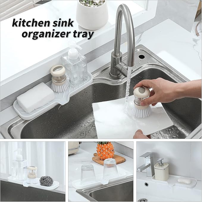 Silicone Bathroom Soap Dishes with Drain Spout-Bathroom and Kitchen Sink Organizer,Sponge Holder,Dish Soap Tray,Perfect for Dispenser,Scrubber,Bottle,Cup on Sink or Counter-White 12"×4"