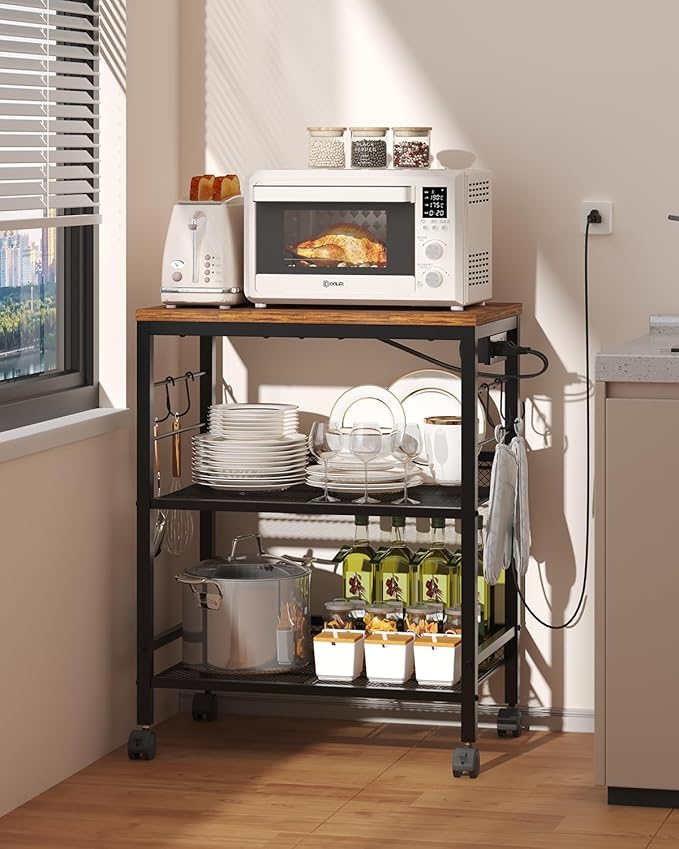 Kitchen Rolling Cart with Power Strip, 3 Tier Microwave Stand on Lockable Wheels, Small Utility Cart with Storage, Coffee bar&Tea Table, Organizer Shelves for Kitchen, Office, Living Room
