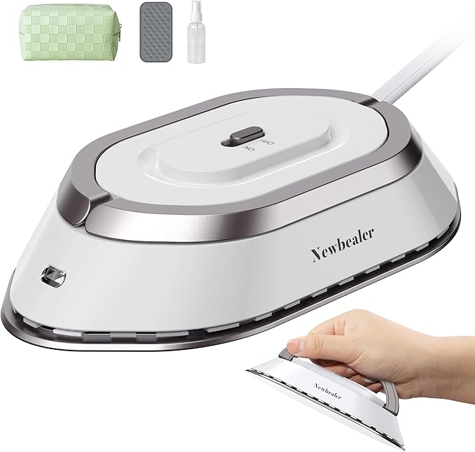 Newbealer Travel Iron with Global Voltage, 100-240V Mini Dry Iron for Clothes (No Steam), Max 300W, 60s Heat Up, 302℉ Non-Stick Ceramic Soleplate, 0.8lbs Ultra-Lightweight (Silver)