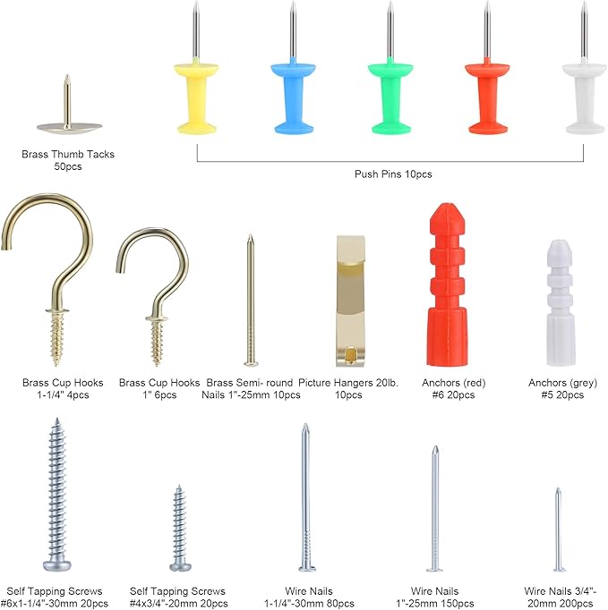 FARRAY Repair and Wall Hanging Kit: Screws, Nails, Drywall Anchors, Picture Hangers, Cup Hooks, Push Pins, Thumb Tacks, 600pcs