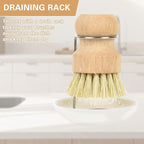 Wooden Dish Brushes, Dish Scrubber Brushs for Cleaning Dishes, Kitchen Wooden Cleaning Dsihes Set with Draining Rack, Natural Sisal Bristles, 3 Set