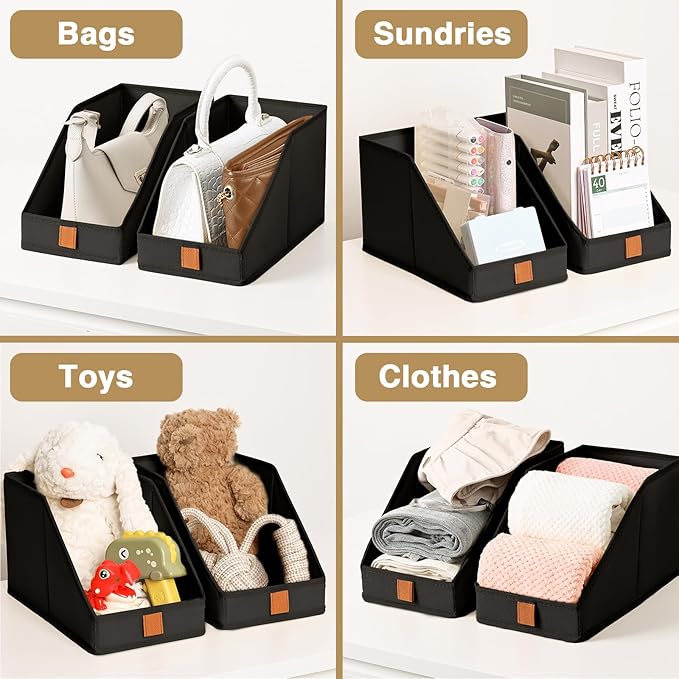 DIMJ Closet Organizers for Purses and Bag Storage, Small Storage Bins Foldable, Storage Baskets for Shelves, Wardrobe, Bedroom, Office - Fabric Cube Storage 4 Pack(Black, 5.9 x 11.8 x 6.7 in)