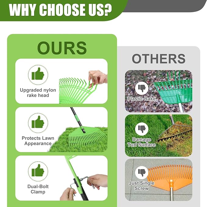 Adjustable 80'' Garden Rake with Metal Handle – Plastic Head Gentle on Grass for Cleaning Leaves, Pine Needles & Lawn Debris, Lightweight Yard Rake for Women, Seniors & Kids